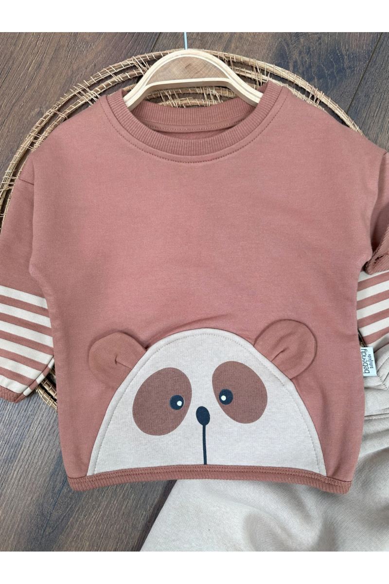 Ayıcık Baskılı Şeritli Kol Detaylı Kulaklı Bere Oversize 3lü Erkek Bebek Takım · görsel 6