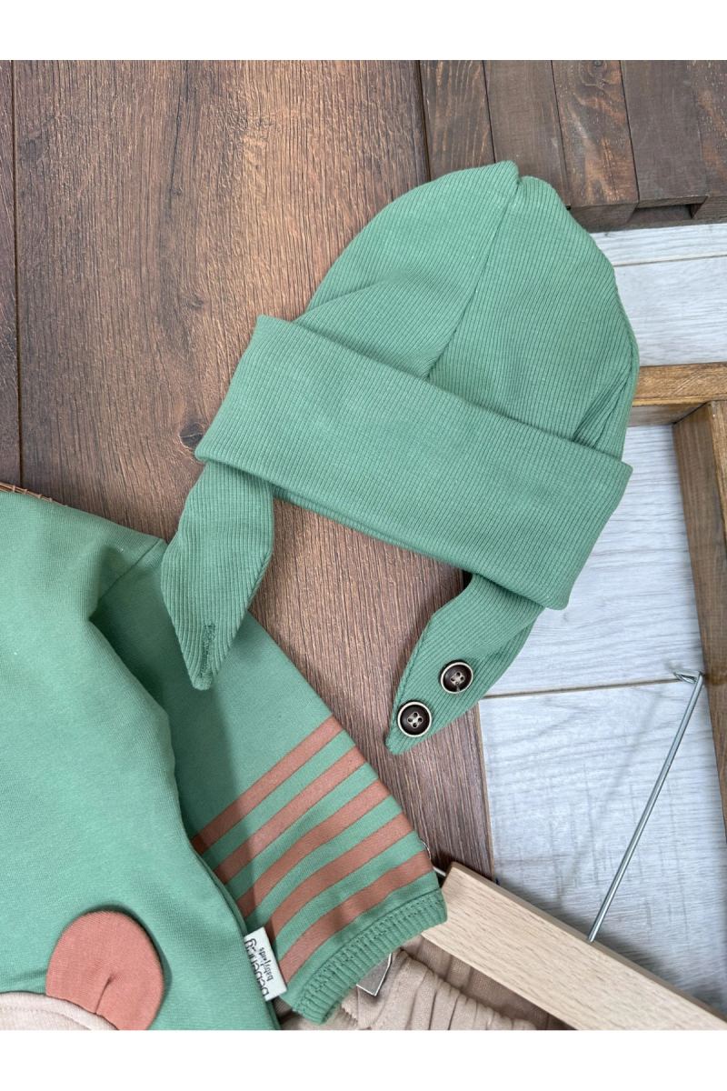 Ayıcık Baskılı Şeritli Kol Detaylı Kulaklı Bere Oversize 3lü Erkek Bebek Takım · görsel 3