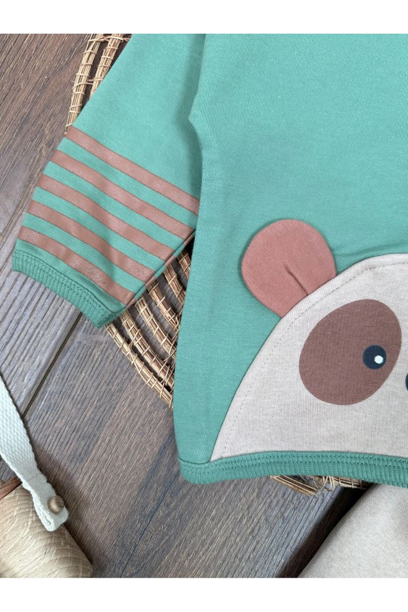 Ayıcık Baskılı Şeritli Kol Detaylı Kulaklı Bere Oversize 3lü Erkek Bebek Takım · görsel 5