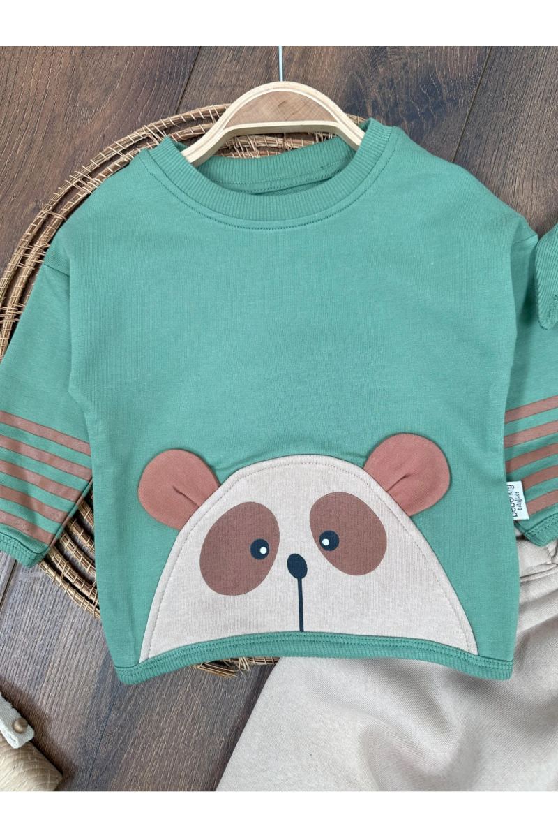 Ayıcık Baskılı Şeritli Kol Detaylı Kulaklı Bere Oversize 3lü Erkek Bebek Takım · görsel 6
