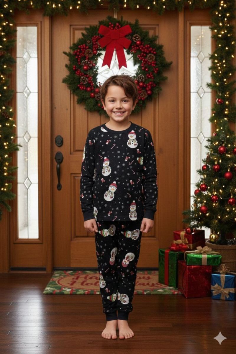 Çocuk Yılbaşı Pijama Takımı Kırmızı Kardan Adam · görsel 2
